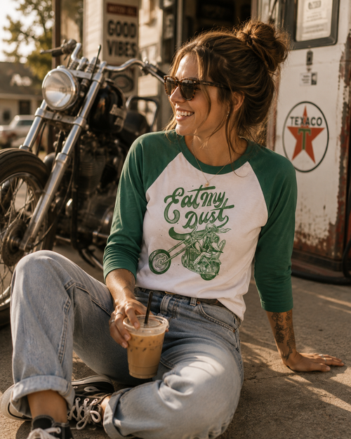 Eat My Dust Womens 3/4 Sleeve Fitted Raglan Top