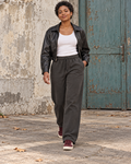 BTRAYD BASIX Faded Black cuffless track pants on model