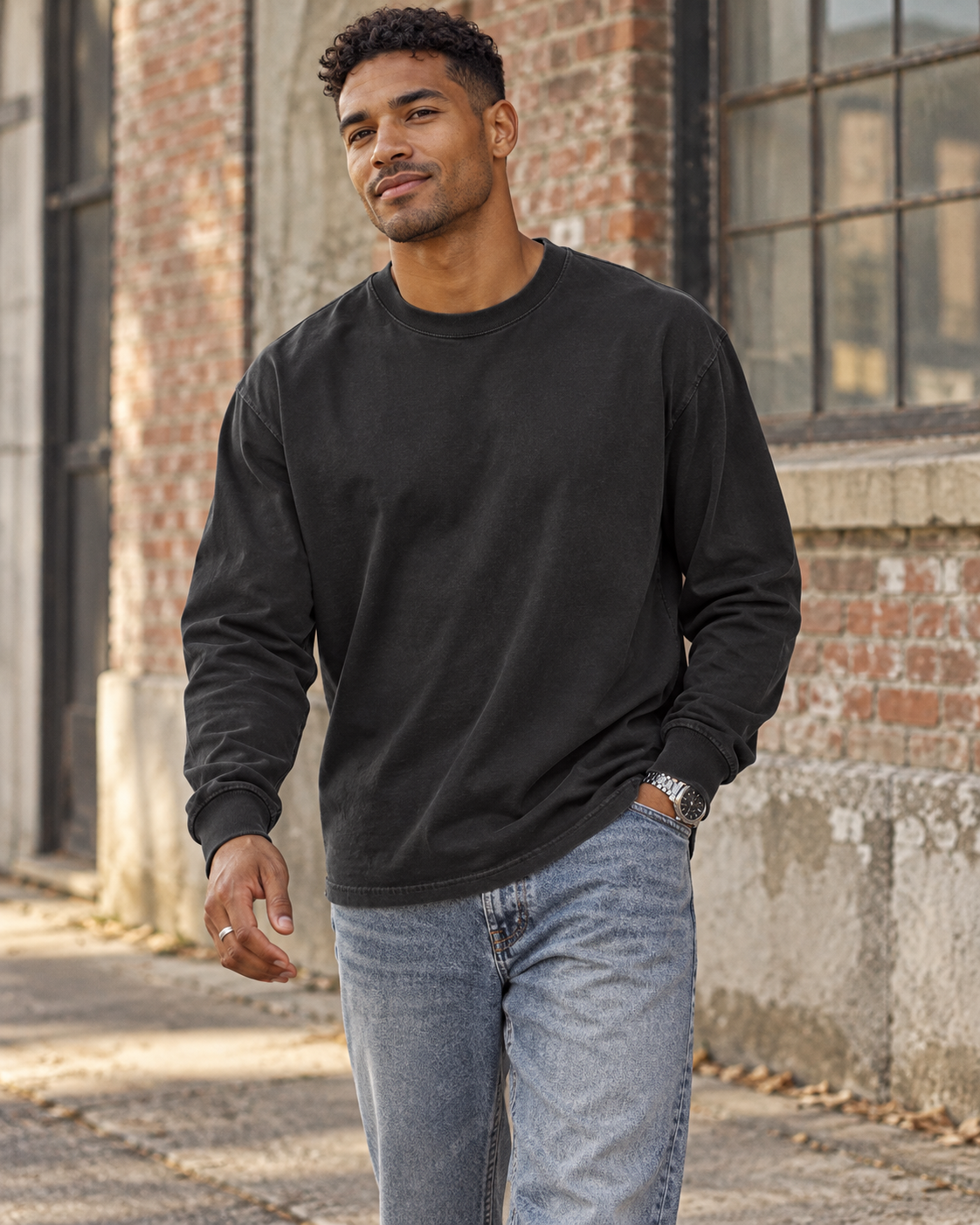BTRAYD BASIX Faded Black heavy long sleeve tee on model