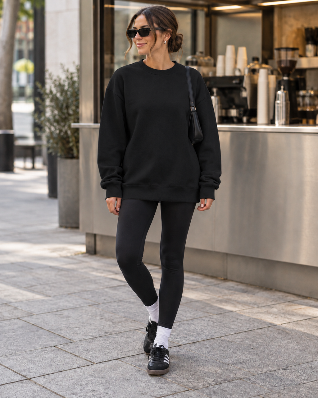 BTRAYD BASIX Black Relax Crew on model with leggings and sneakers