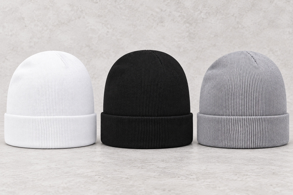 BASIX cuffed beanies in White, Black and Grey