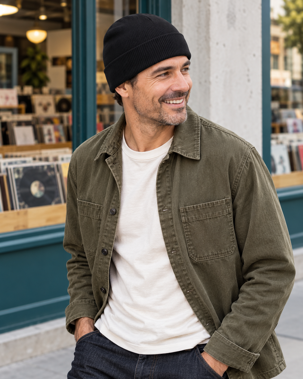 BASIX black cuffed beanie on a man in relaxed streetwear