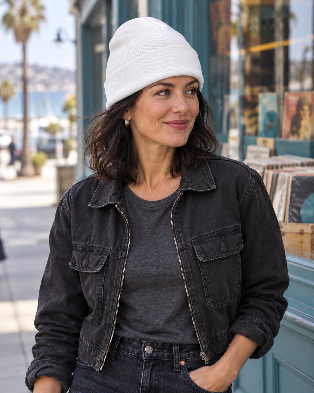 BASIX white cuffed beanie styled with washed black denim