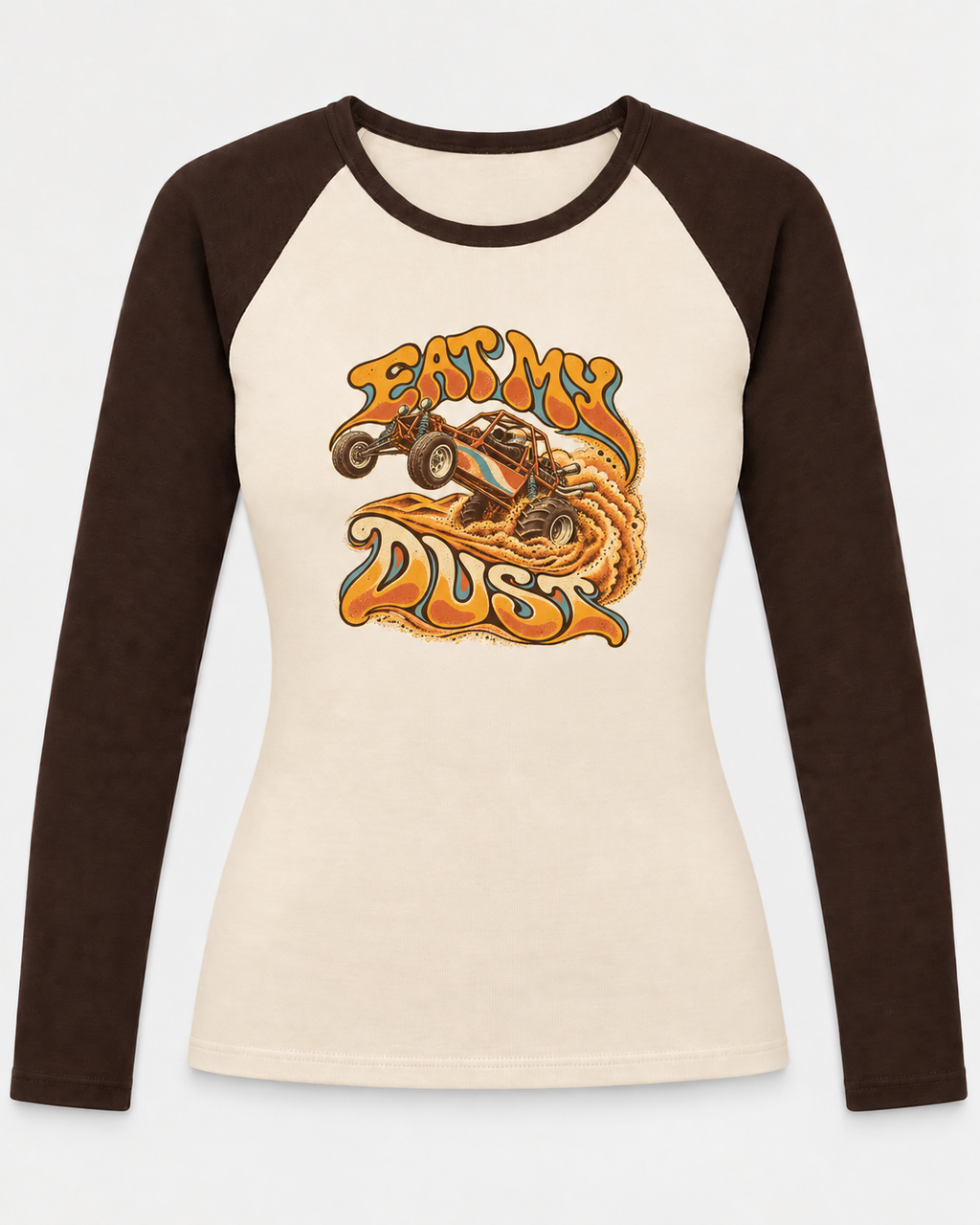 Eat My Dust Women’s Sand Rail Raglan in Creme / Brown, front view