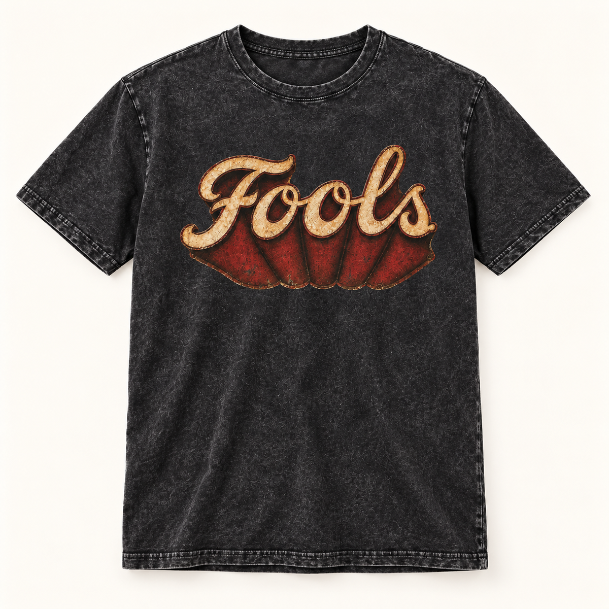 Front product view of the stone-washed black FOOLS Dive Bar Tee with vintage cream and red artwork.