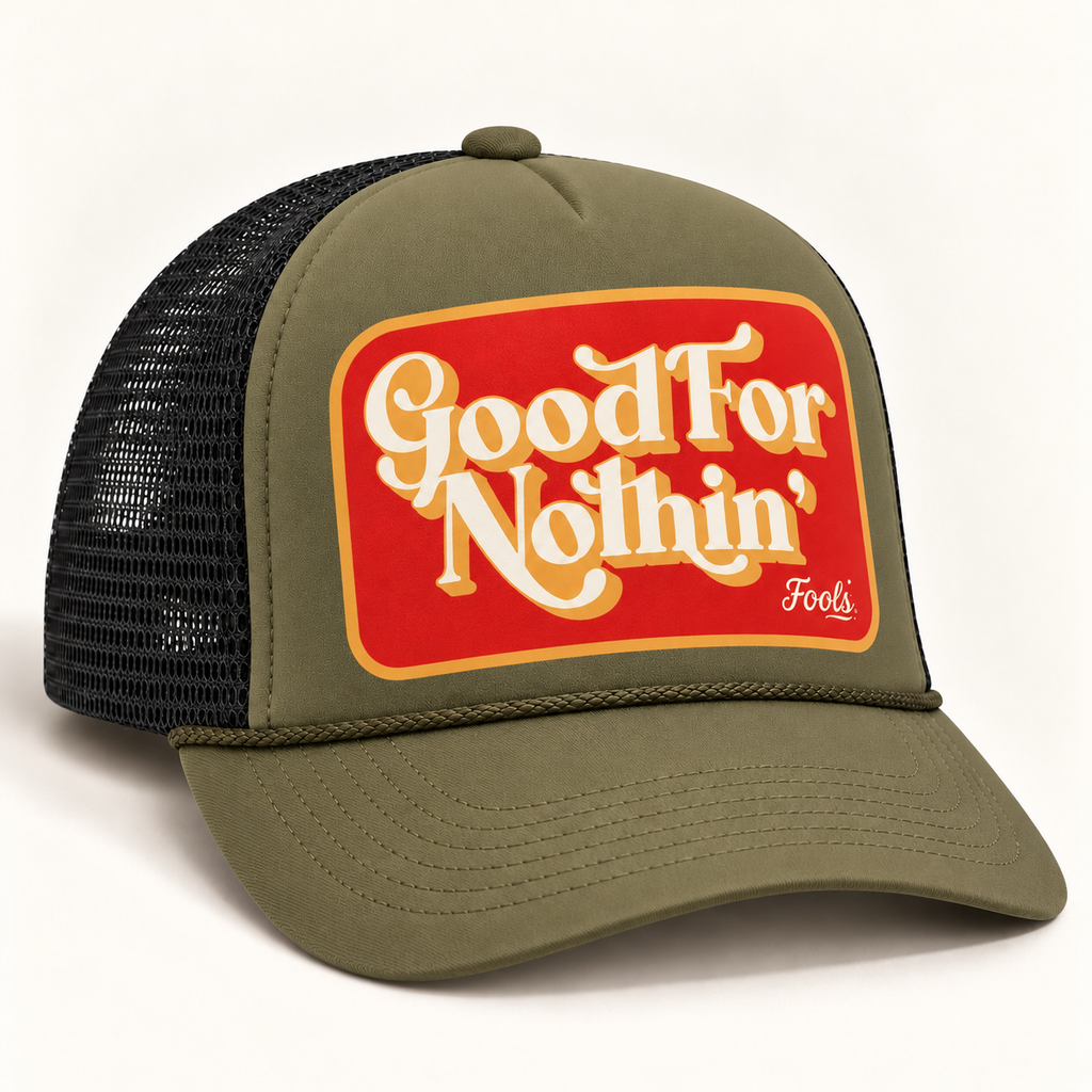 FOOLS Good For Nothin army-green foam-front and black mesh Otto 39-165 trucker hat, studio view.
