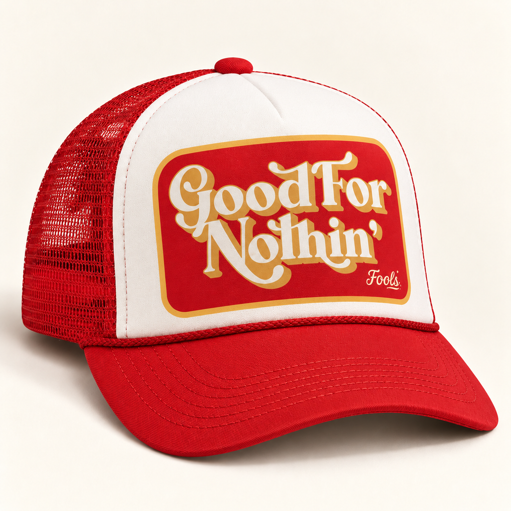 FOOLS Good For Nothin white foam trucker hat with red mesh and bill and retro cream and red print.