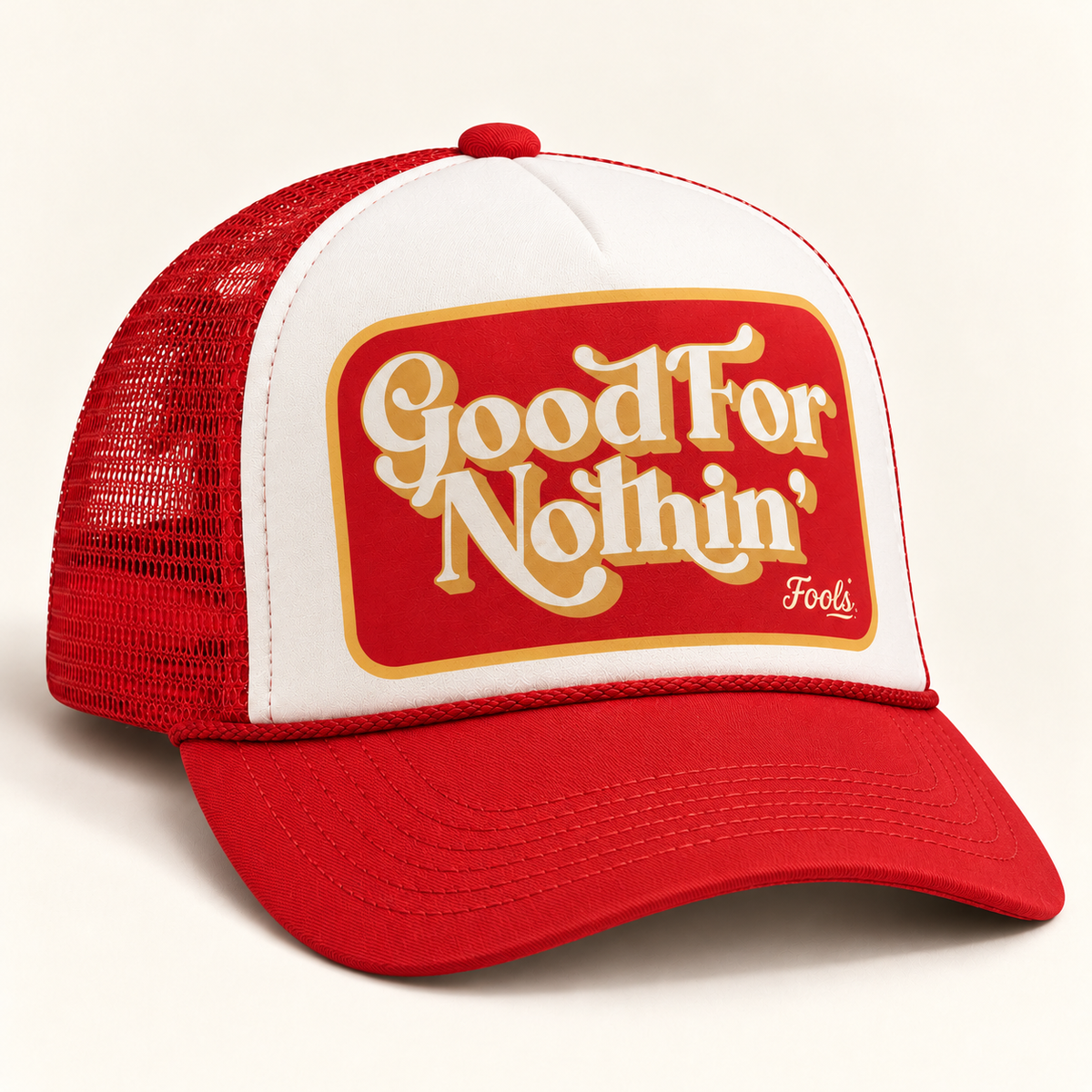 FOOLS Good For Nothin white foam trucker hat with red mesh and bill and retro cream and red print.