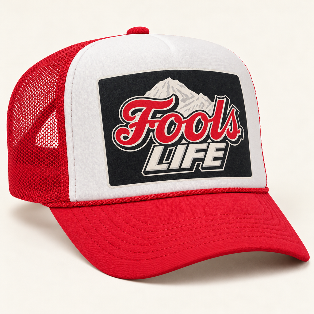 FOOLS Life Beer red mesh and bill with white foam-front trucker hat, featuring flat red Fools LIFE mountain artwork.