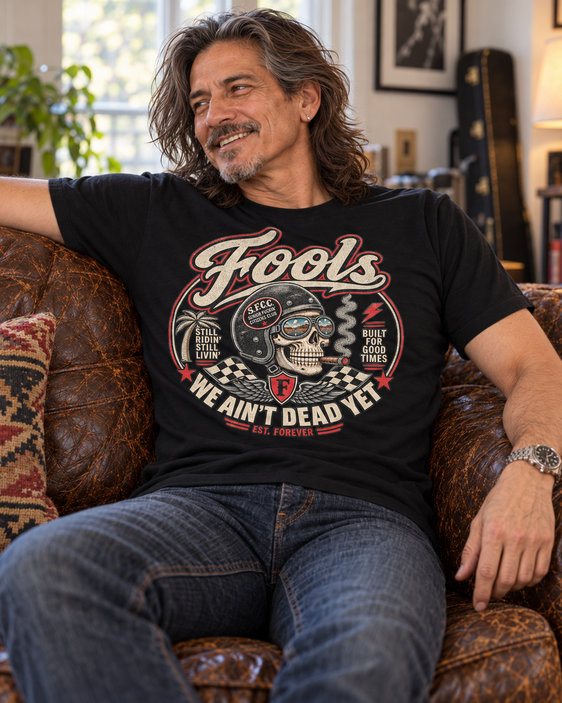 FOOLS Men’s “We Ain’t Dead Yet” Tee — model lifestyle view