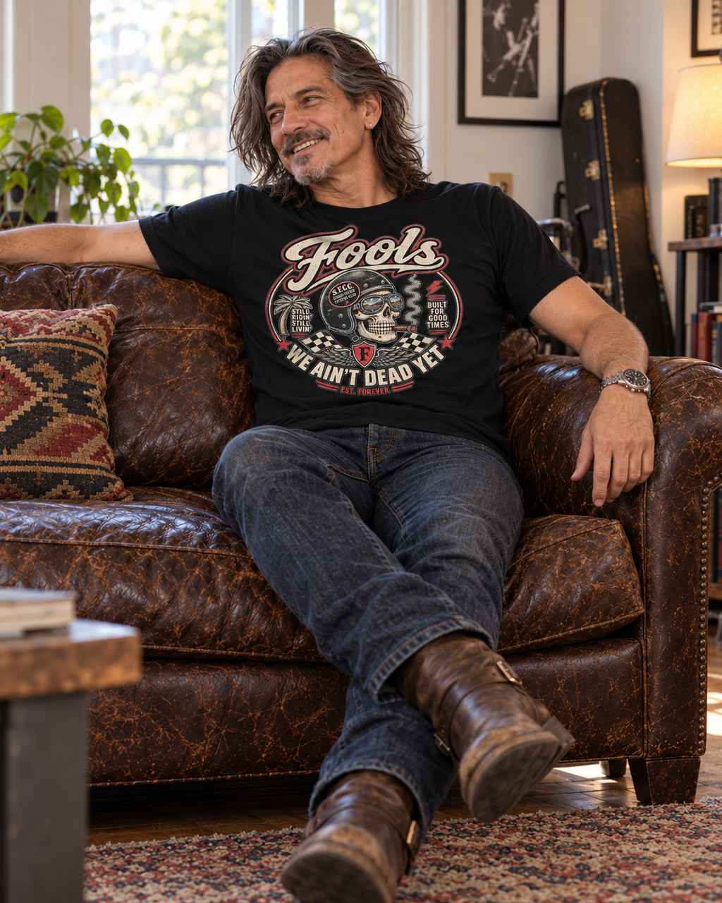 FOOLS Men’s “We Ain’t Dead Yet” Tee — model lifestyle view