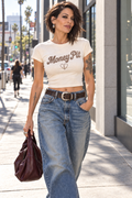 FOOLS Money Pit Mini Tee in Ecru with chocolate artwork, fashion-editor model