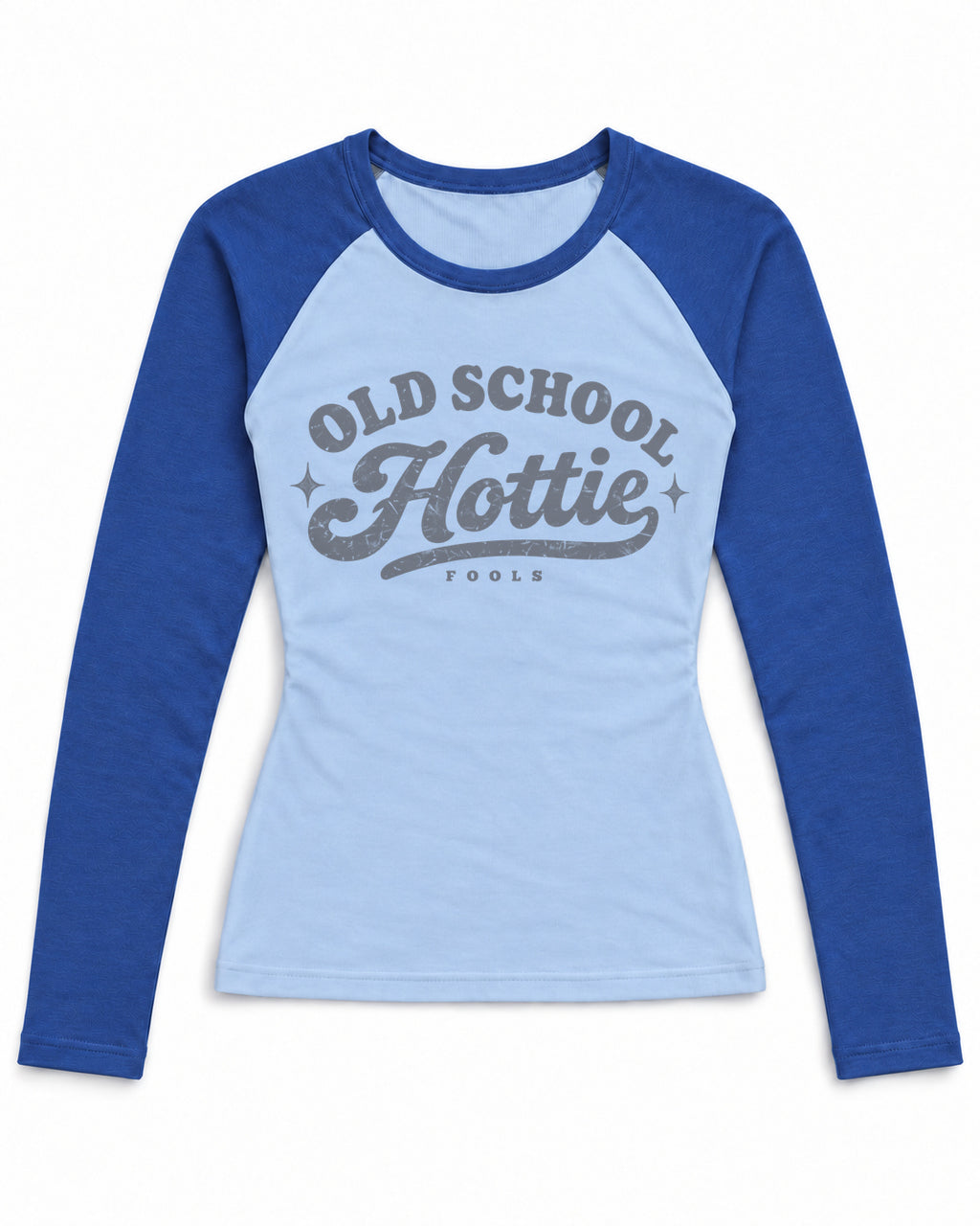 FOOLS Old School Hottie baby blue and royal raglan front product mockup with distressed neutral slate artwork