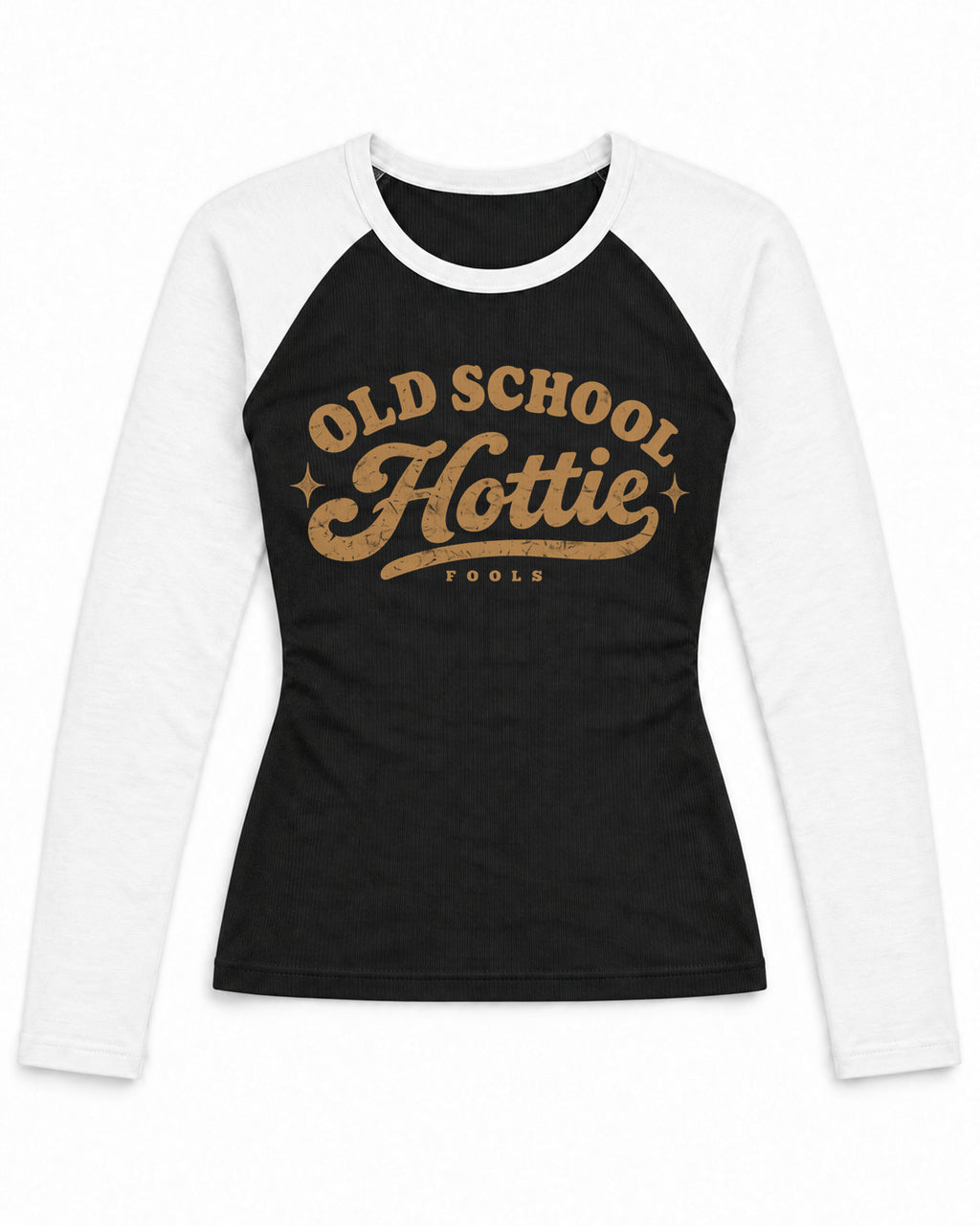 FOOLS Old School Hottie black and white raglan front product mockup with distressed warm mustard artwork
