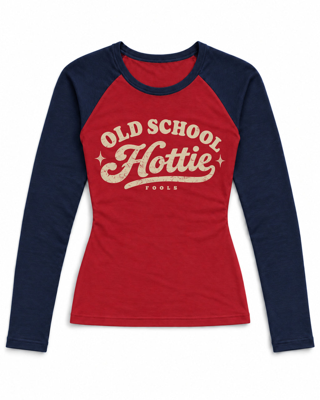 FOOLS Old School Hottie cranberry and navy raglan front product mockup with distressed vintage cream artwork