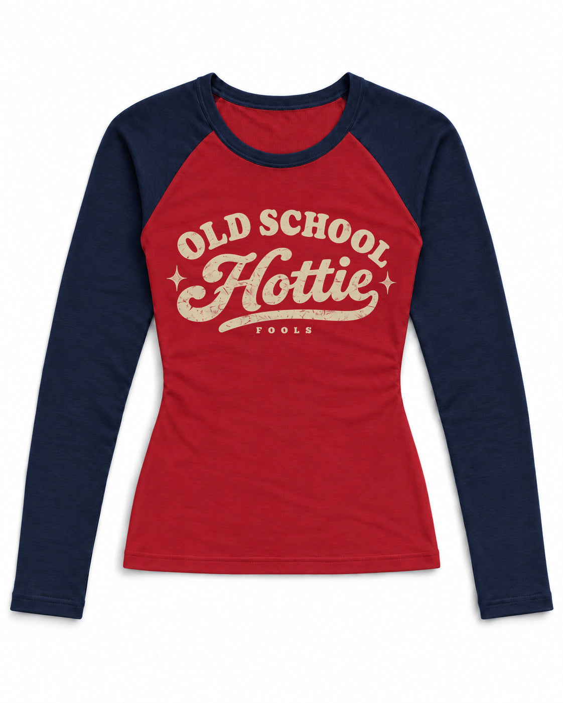 FOOLS Old School Hottie cranberry and navy raglan front product mockup with distressed vintage cream artwork