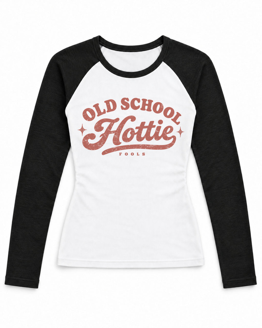 FOOLS Old School Hottie white and black raglan front product mockup with faded red artwork