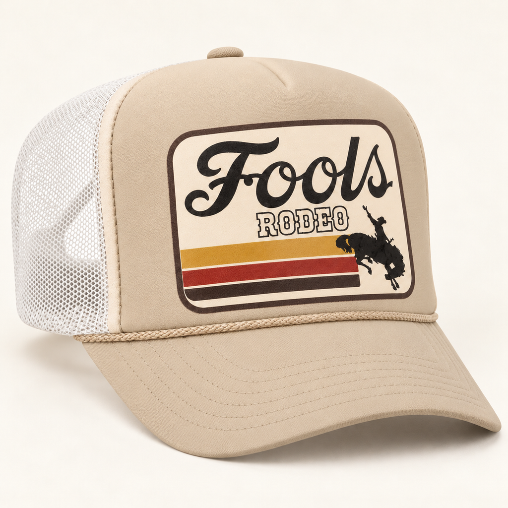 FOOLS Rodeo beige foam-front and white mesh Otto 39-165 trucker hat, three-quarter studio view.