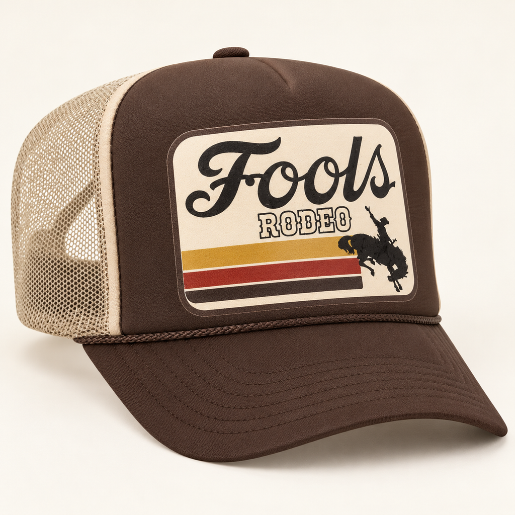 FOOLS Rodeo brown and beige Otto 39-165 foam-front trucker hat, three-quarter studio view.