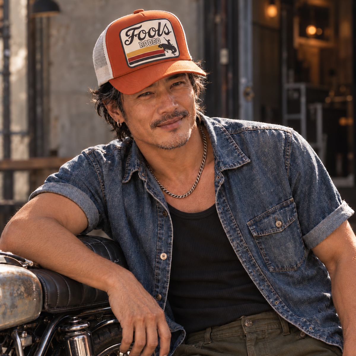FOOLS Rodeo rust foam-front and white mesh trucker hat styled with a faded denim work shirt and black tank beside a motorcycle.