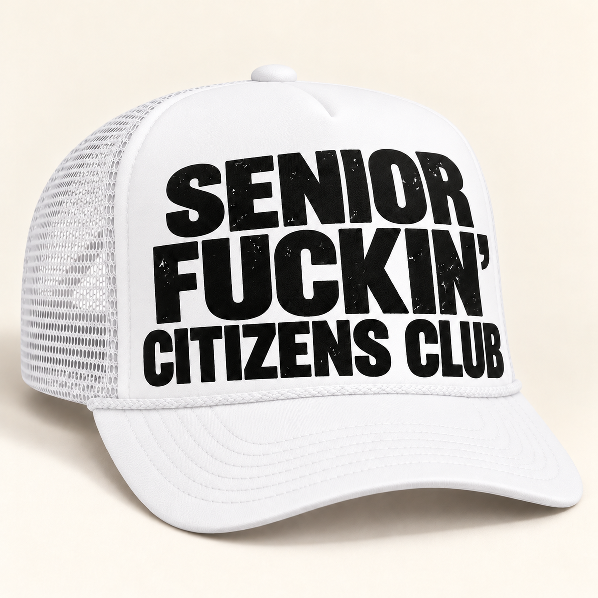 FOOLS Senior Fuckin’ Citizens Club all-white Otto 39-165 foam-front trucker hat with black distressed flat print.