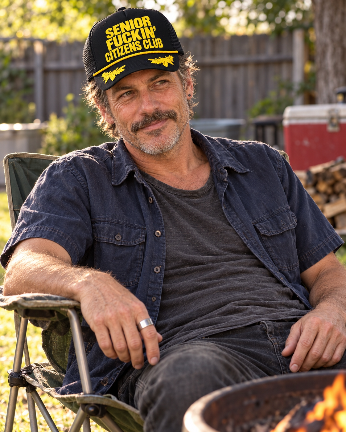 FOOLS Senior Fuckin’ Citizens Club Trucker Hat · Black/yellow — model lifestyle view
