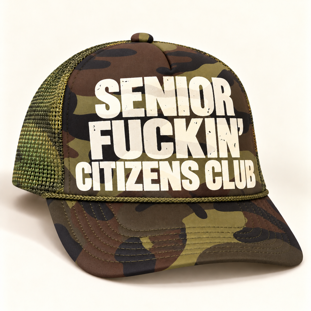 FOOLS Senior Fuckin’ Citizens Club camo foam-front trucker hat with cream distressed flat print and olive mesh.