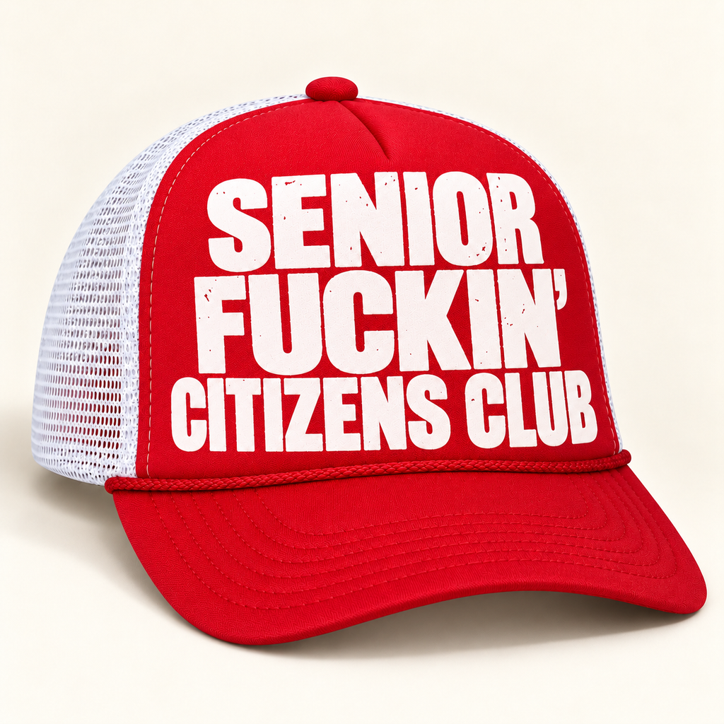 Three-quarter studio view of red and white FOOLS Senior Fuckin’ Citizens Club trucker hat with white distressed flat print.