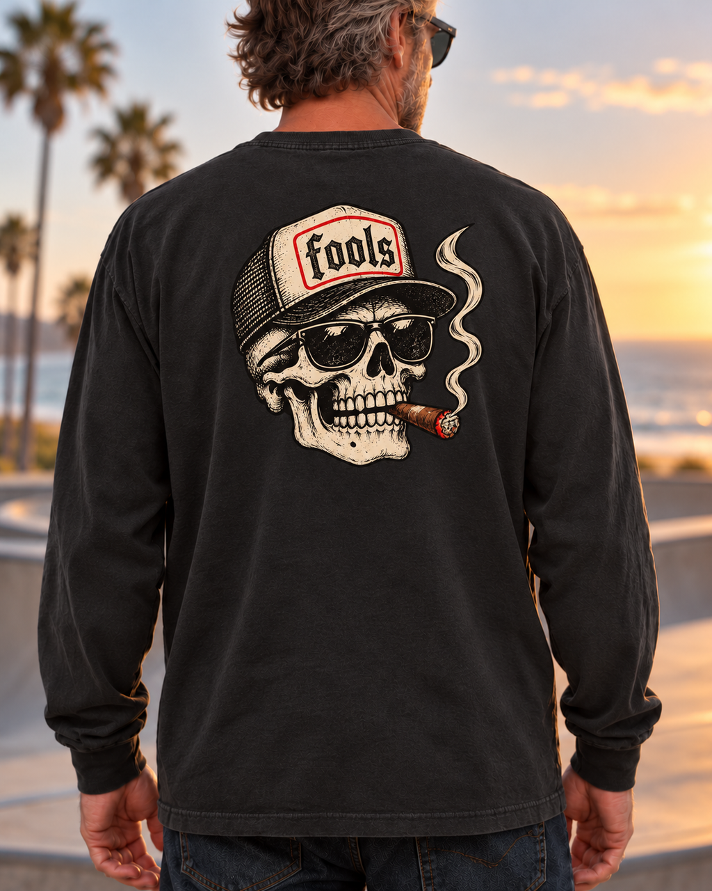 FOOLS Skull Heavy Long Sleeve in Faded Black, back view with large skull graphic