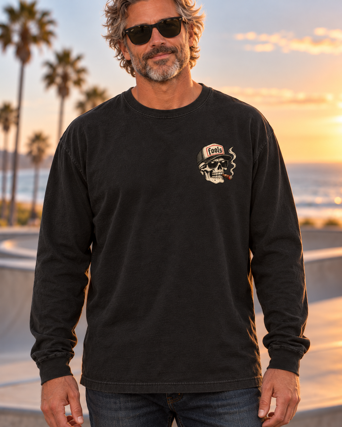 FOOLS Skull Heavy Long Sleeve in Faded Black, front view with left-chest skull graphic