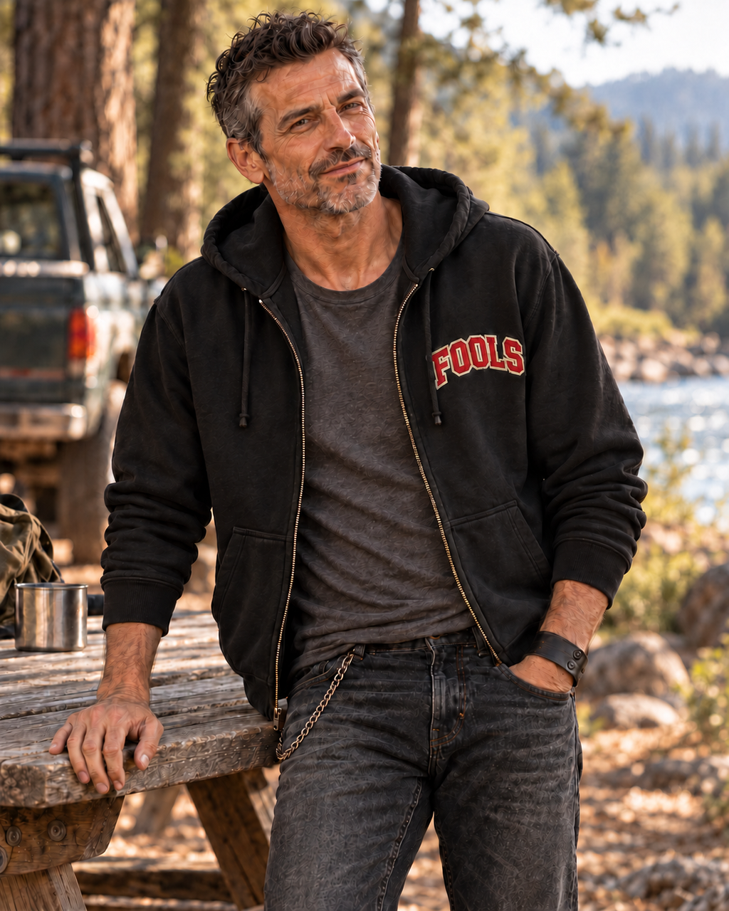 FOOLS Heavyweight Varsity Hoodie — model lifestyle view