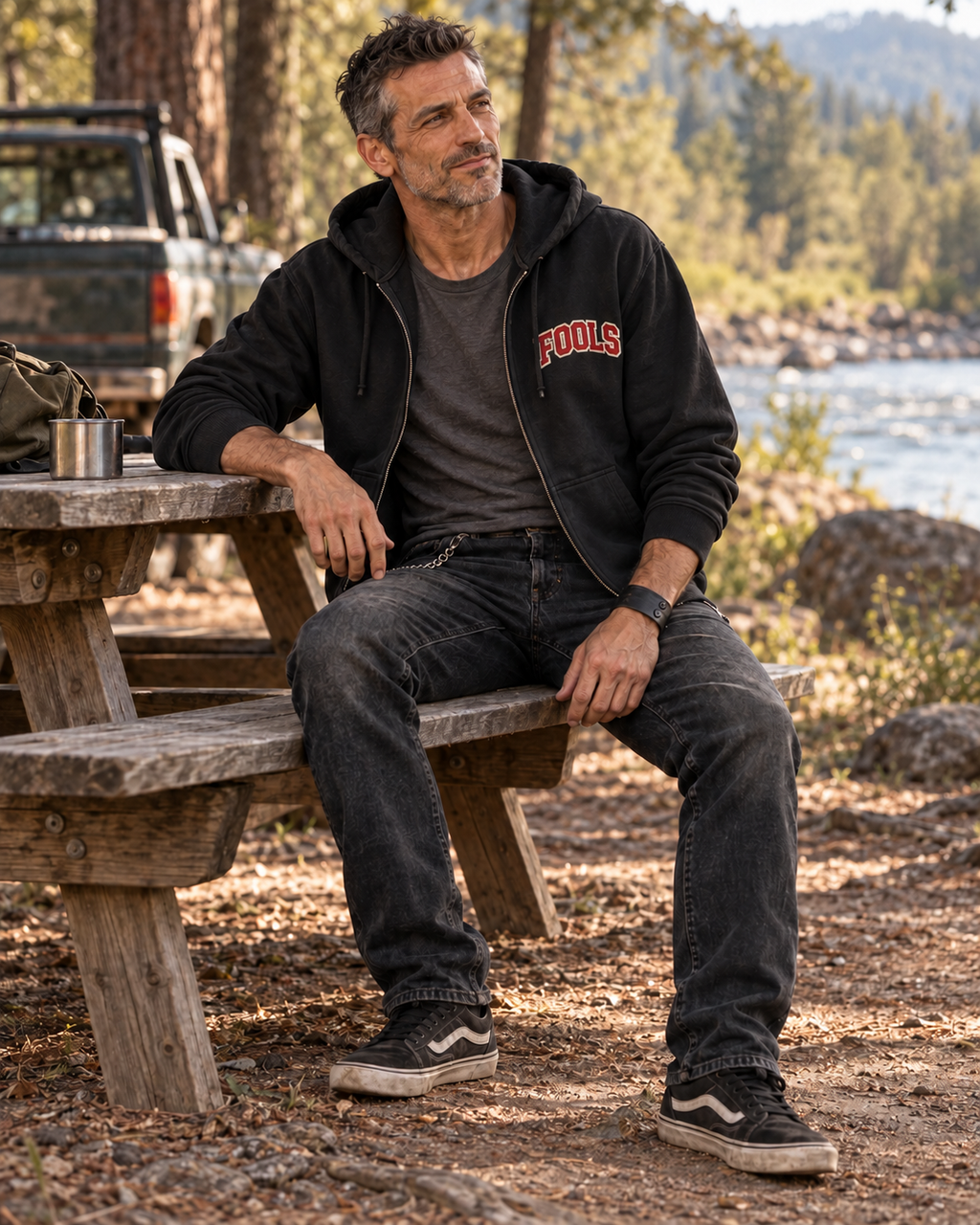 FOOLS Heavyweight Varsity Hoodie — model lifestyle view