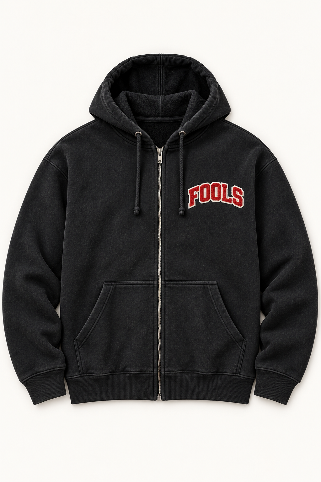Front view of black FOOLS Heavyweight Varsity zip hoodie with red and ivory chenille lettering at the left chest.