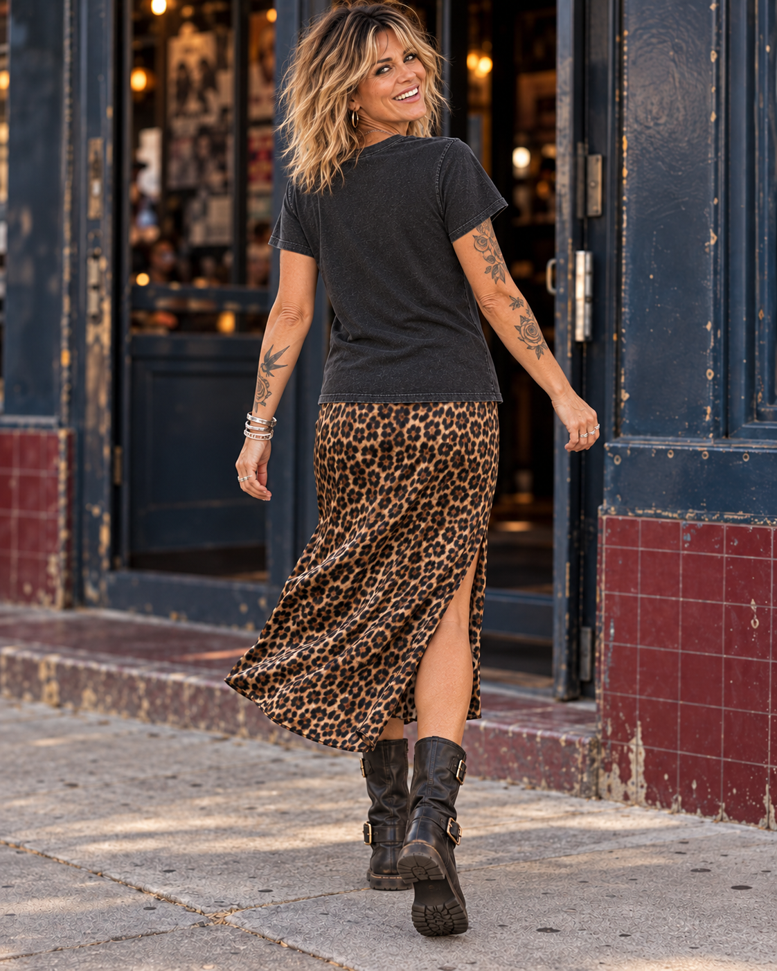 Back view of the FOOLS Women's Still Here Faded Tee in faded black, showing the plain back and untucked hem with a leopard skirt and black biker boots