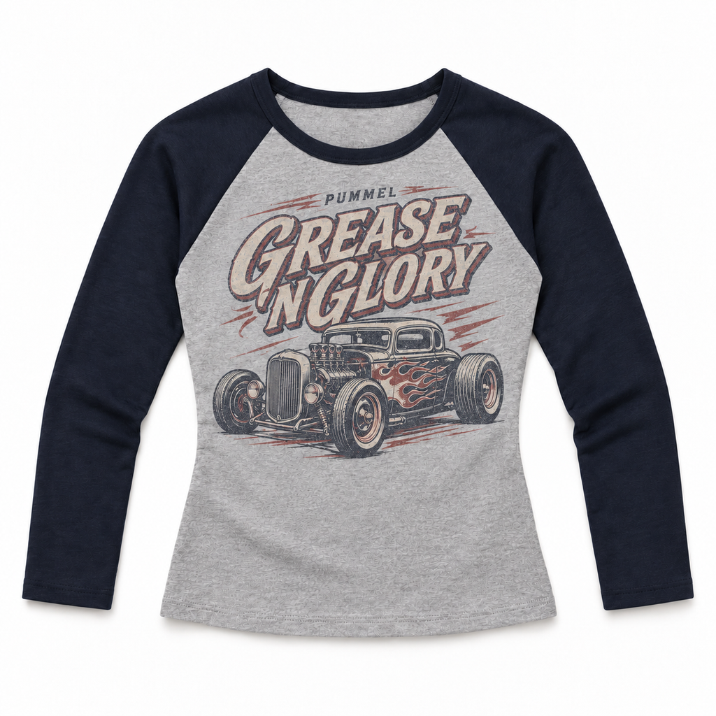 Pummel Grease N Glory heather grey and navy raglan product view with faded brick red and aged cream hot rod print
