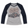 Pummel Grease N Glory heather grey and navy raglan product view with faded brick red and aged cream hot rod print