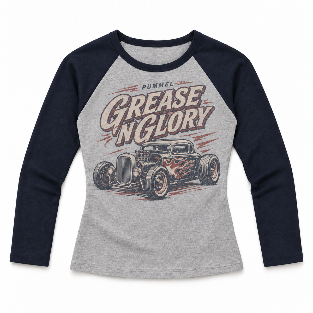Pummel Grease N Glory heather grey and navy raglan product view with faded brick red and aged cream hot rod print
