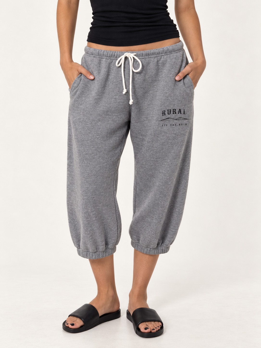 RURAL cropped sweatpants in Athletic Grey with black Off the Grid horizon artwork; concept mockup