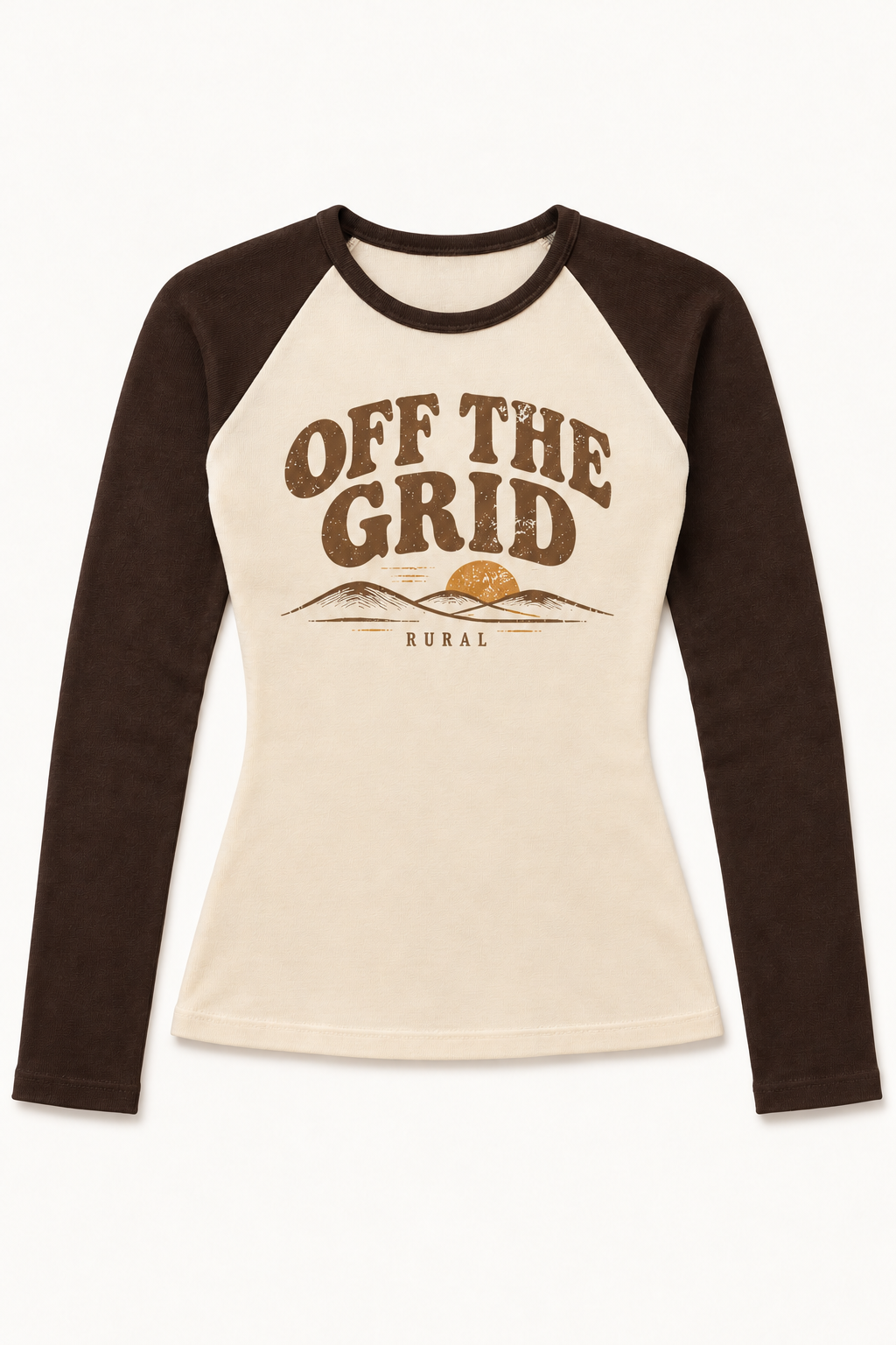 RURAL Women’s Off the Grid Raglan in Creme / Brown, cleaned-art garment visualization