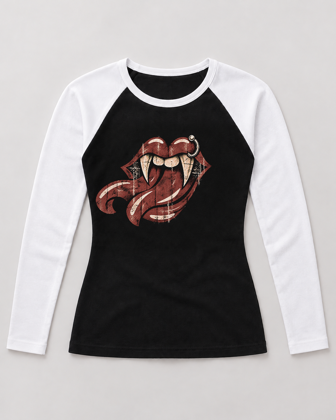Vulgati Lethal Lips women's raglan, black body with white sleeves