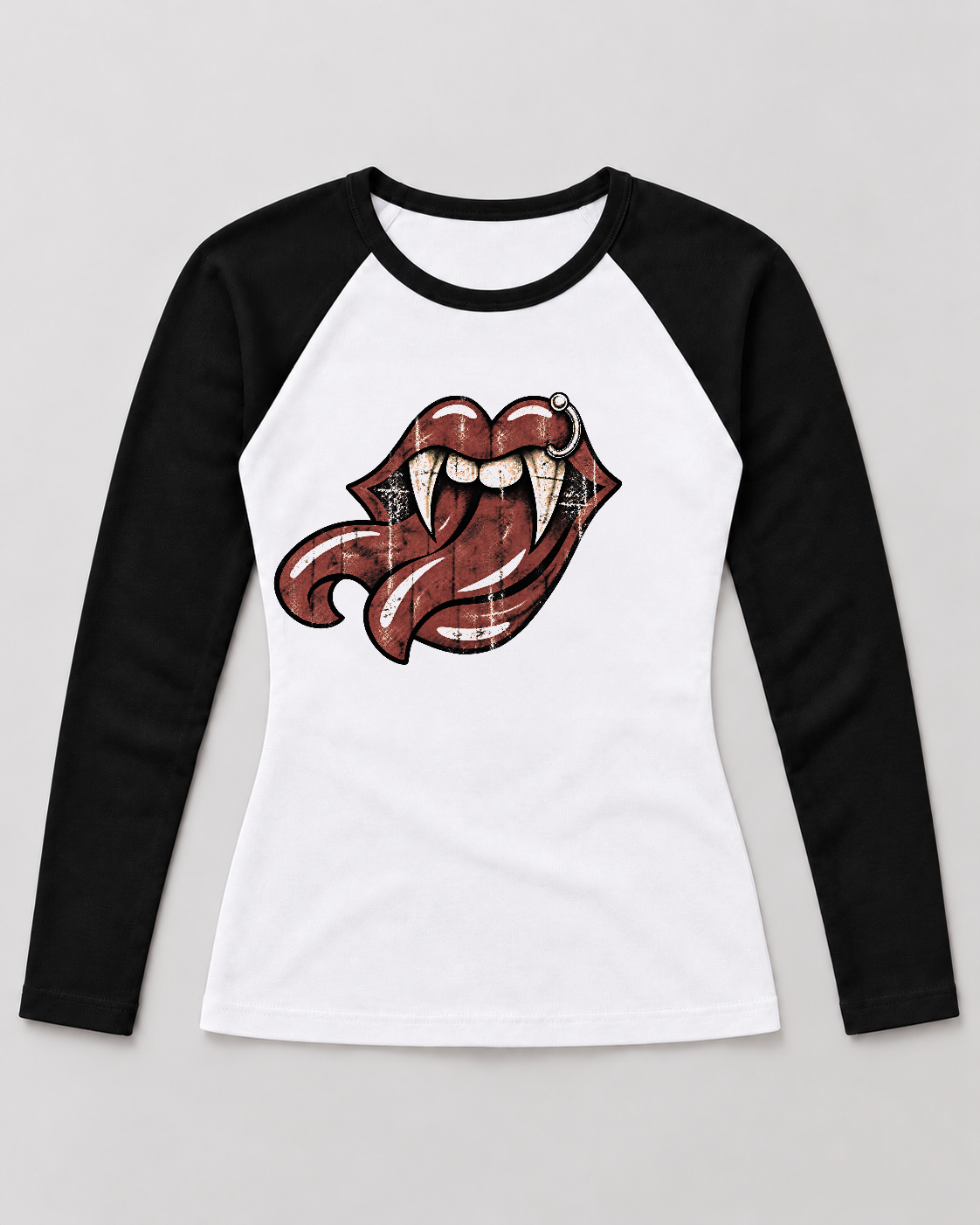 Vulgati Lethal Lips women's raglan, white body with black sleeves