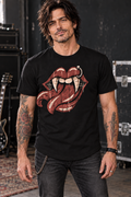 Male model wearing the black Vulgati Lethal Lips curved-hem tee with a muted vintage-red and cream lips graphic.