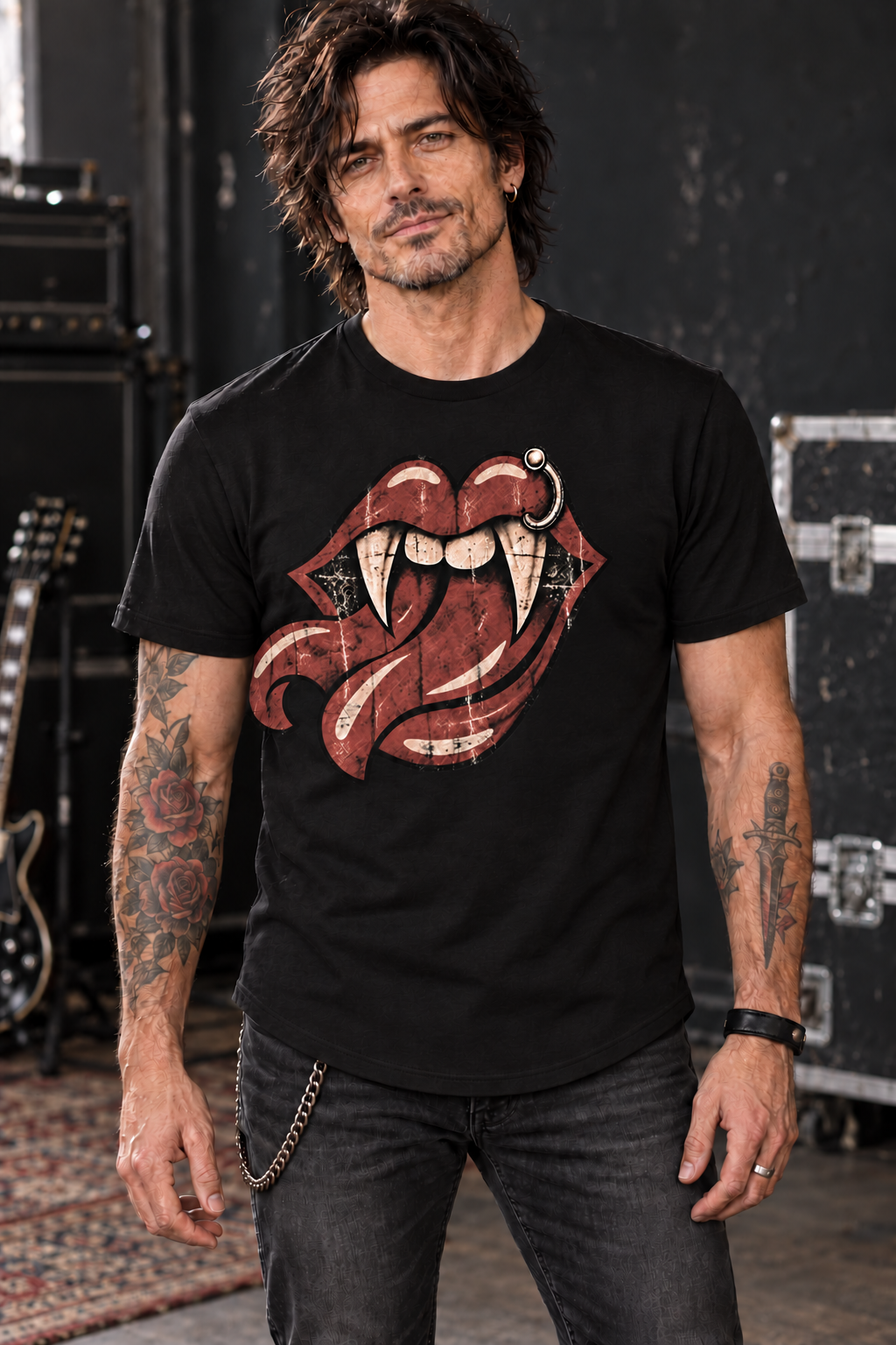 Male model wearing the black Vulgati Lethal Lips curved-hem tee with a muted vintage-red and cream lips graphic.